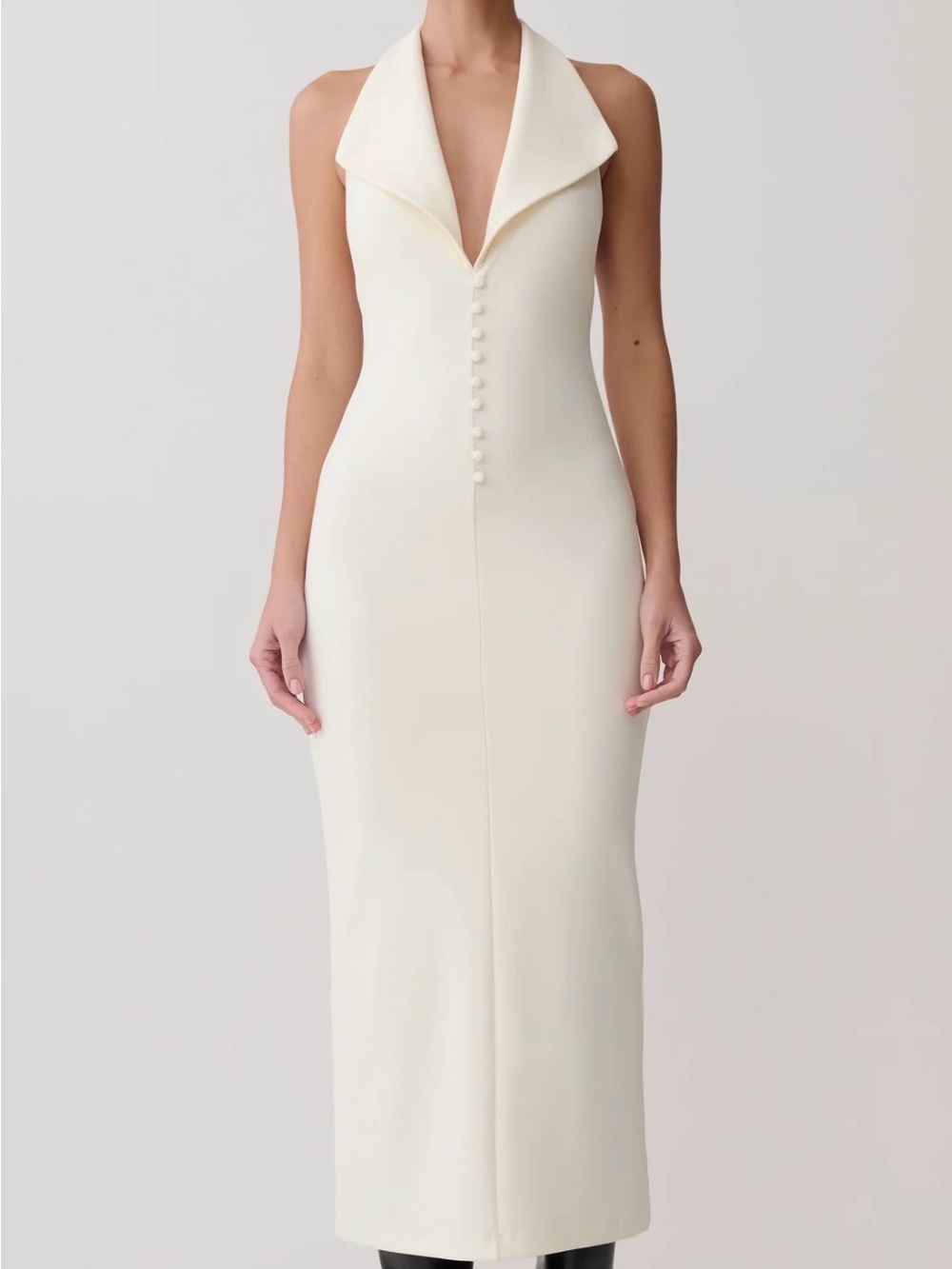 Meshki Cream Halter Midi Dress with Button Front